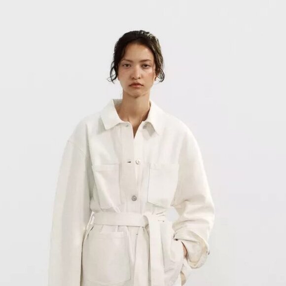BELTED WHITE DENIM JACKET - Picture 1 of 12